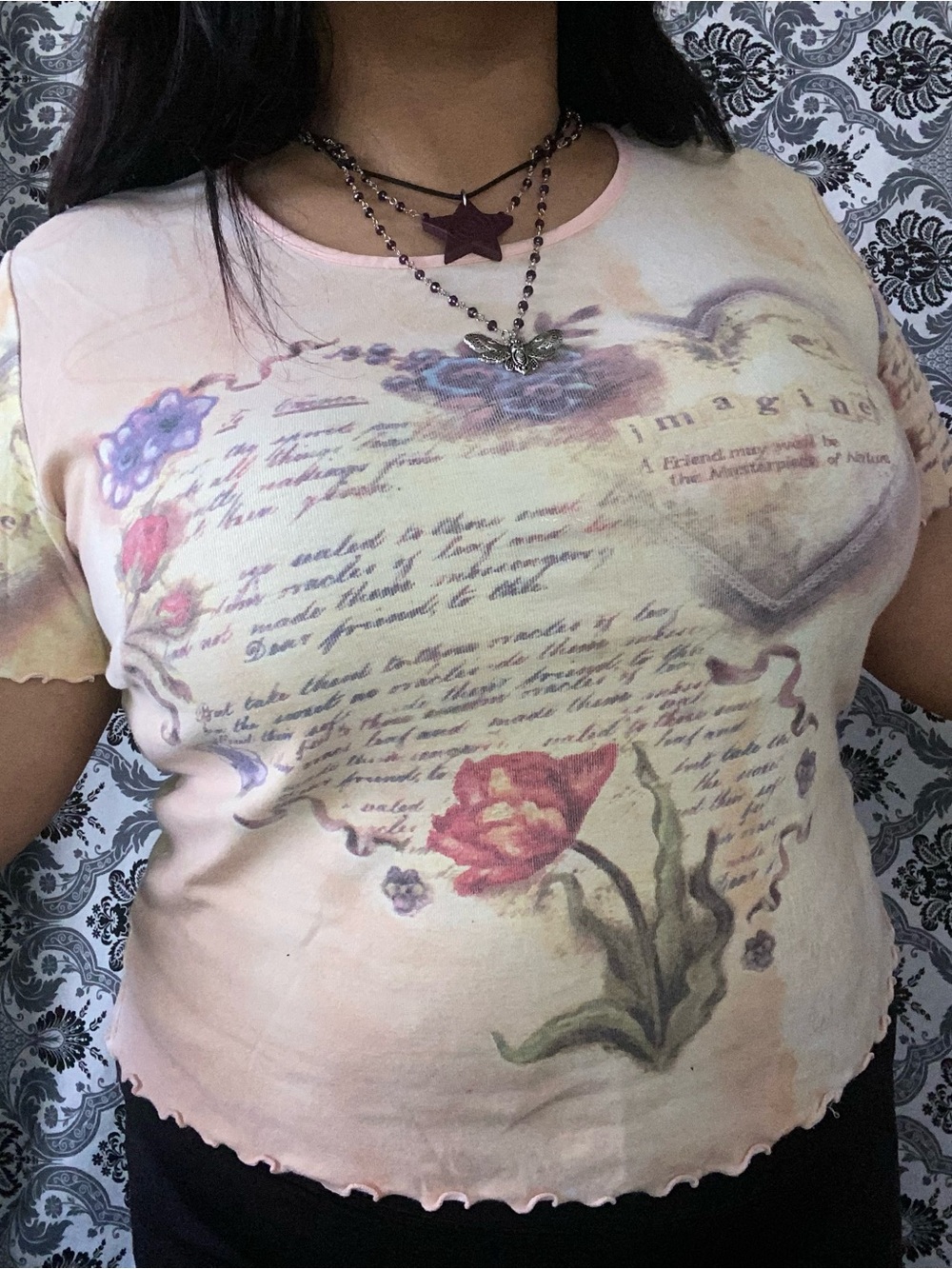 Women's Pink Floral Short Sleeve Graphic Tee with Ruffle Hem